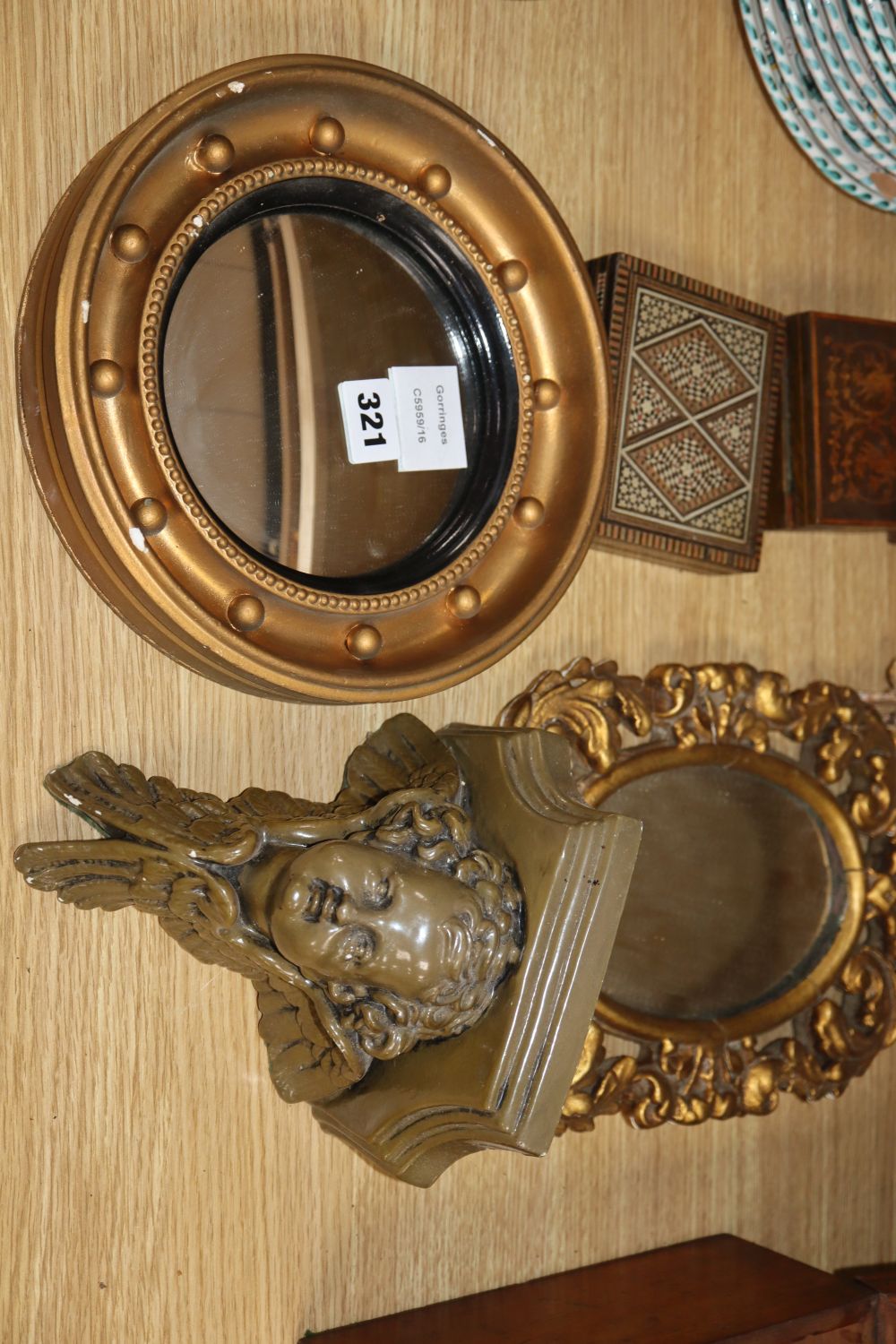 A pair of candlesticks, pottery pots, a sconce, gilt mirrors, three boxes etc (13)